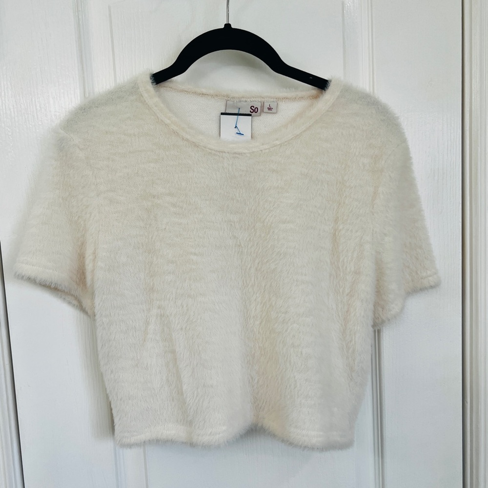 SO White Fuzzy Cropped Sweater Top - Size Large